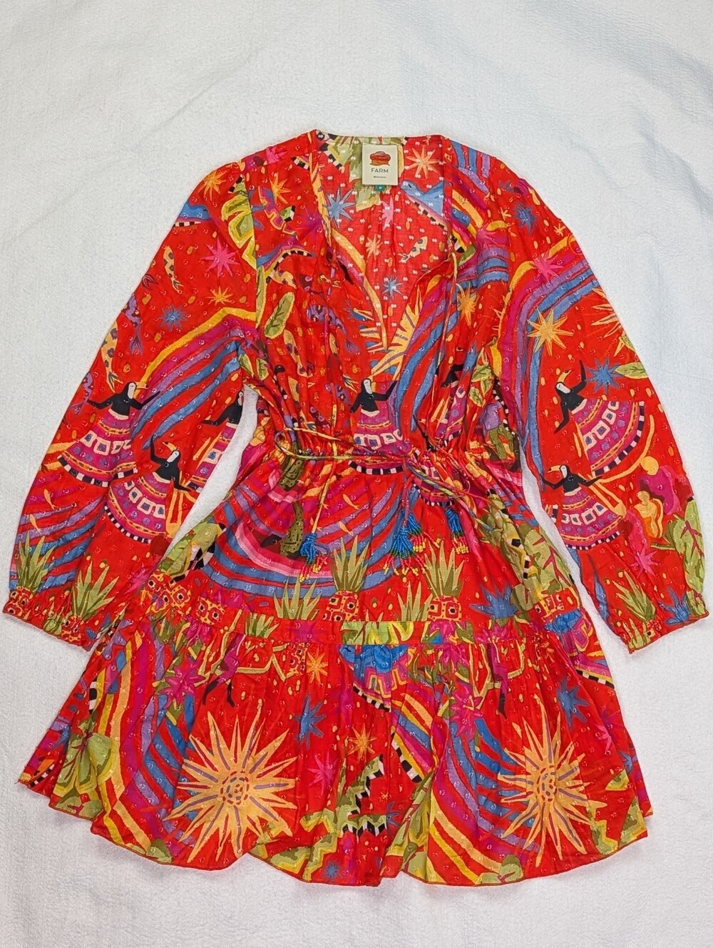 FARM Rio Red Magic Forest Mini Dress Women's Size Medium Tropical Colorful Cinch
